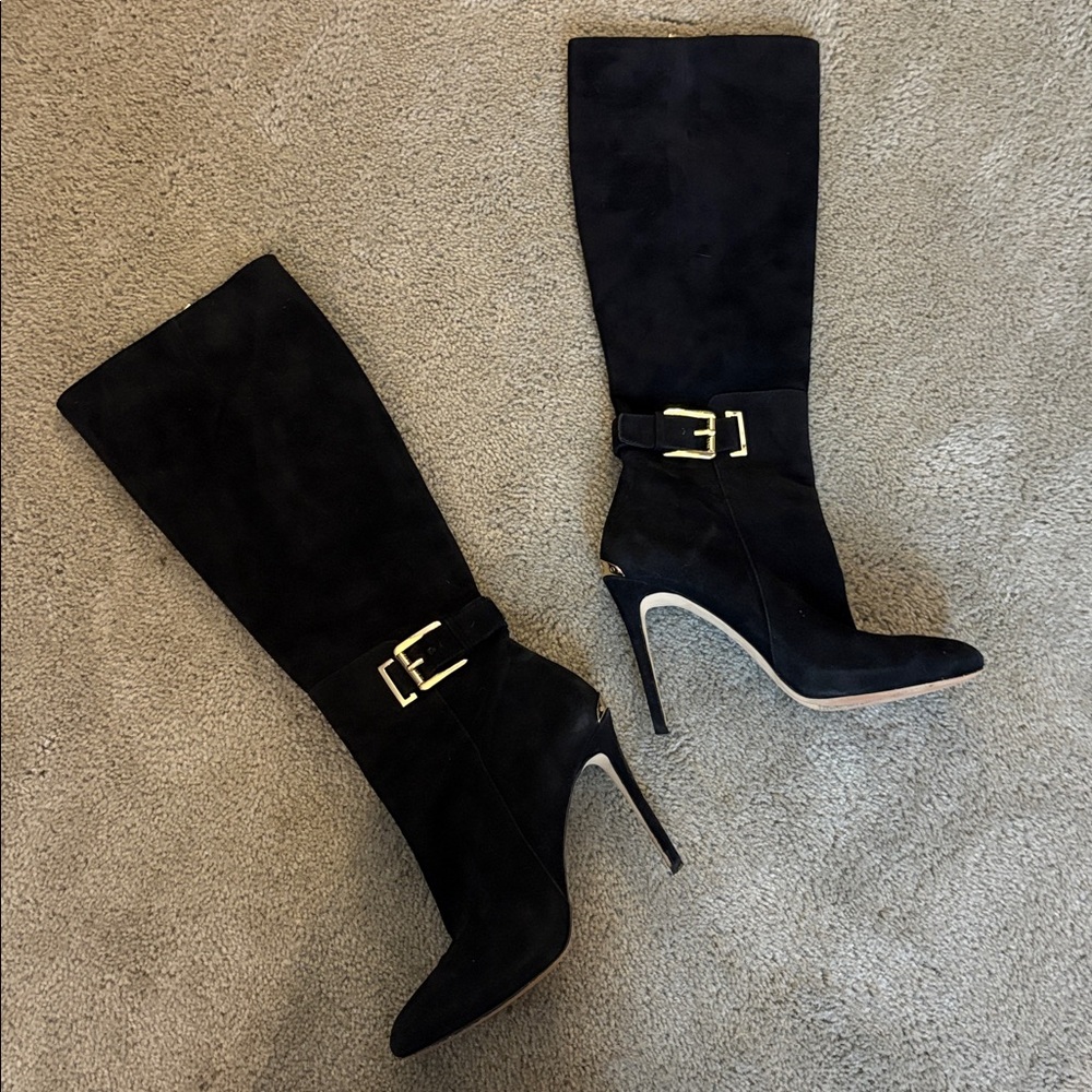 Michael Kors Black Suede Boots with Gold Zipper